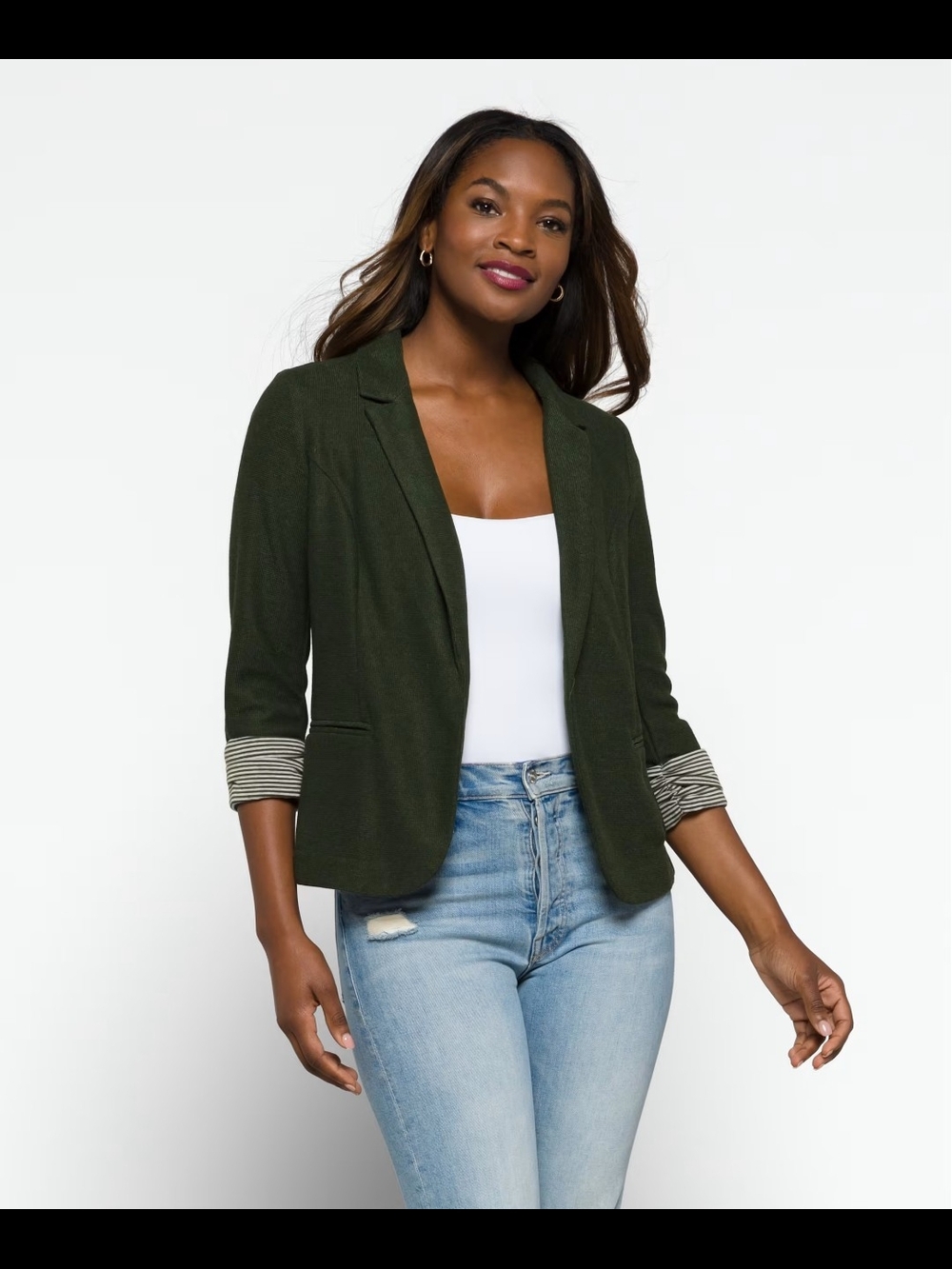 Skies Are Blue Olive Green Women's Tailored Blazer with Striped Cuffs